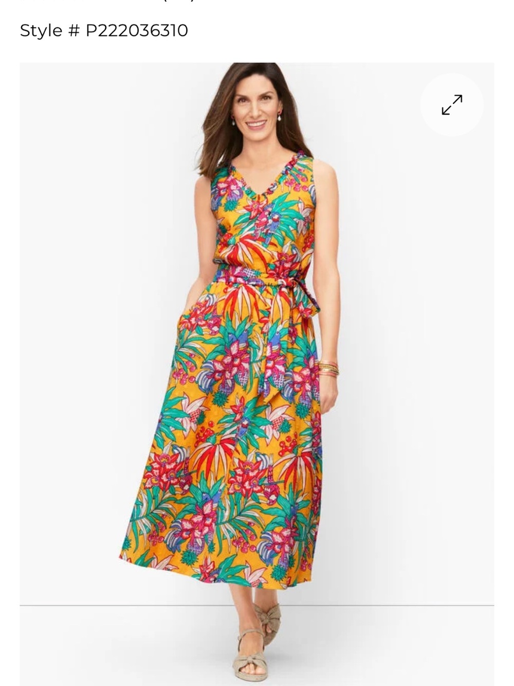 Talbots Yellow Tropical Floral large Swiss dot belted v-neck cotton Midi Dress.